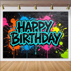 Lofaris Vibrant Neon Paint Splatter Graffiti Birthday Backdrop on Black Wood Cool Party Decor Background for Photo Booth and Celebration
