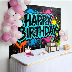 Lofaris Vibrant Neon Paint Splatter Graffiti Birthday Backdrop on Black Wood Cool Party Decor Background for Photo Booth and Celebration