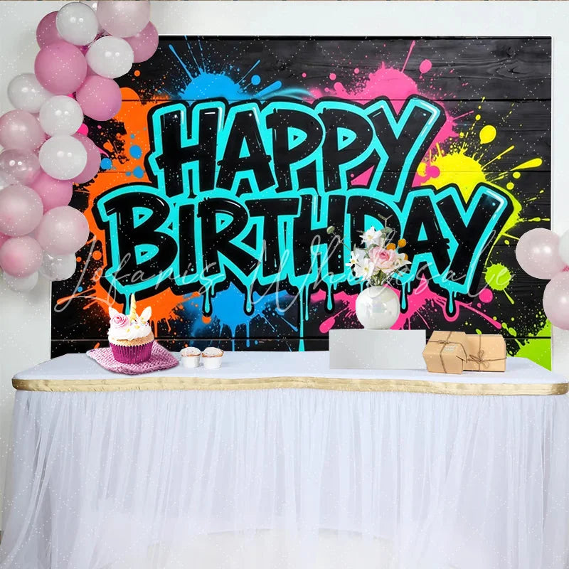 Lofaris Vibrant Neon Paint Splatter Graffiti Birthday Backdrop on Black Wood Cool Party Decor Background for Photo Booth and Celebration