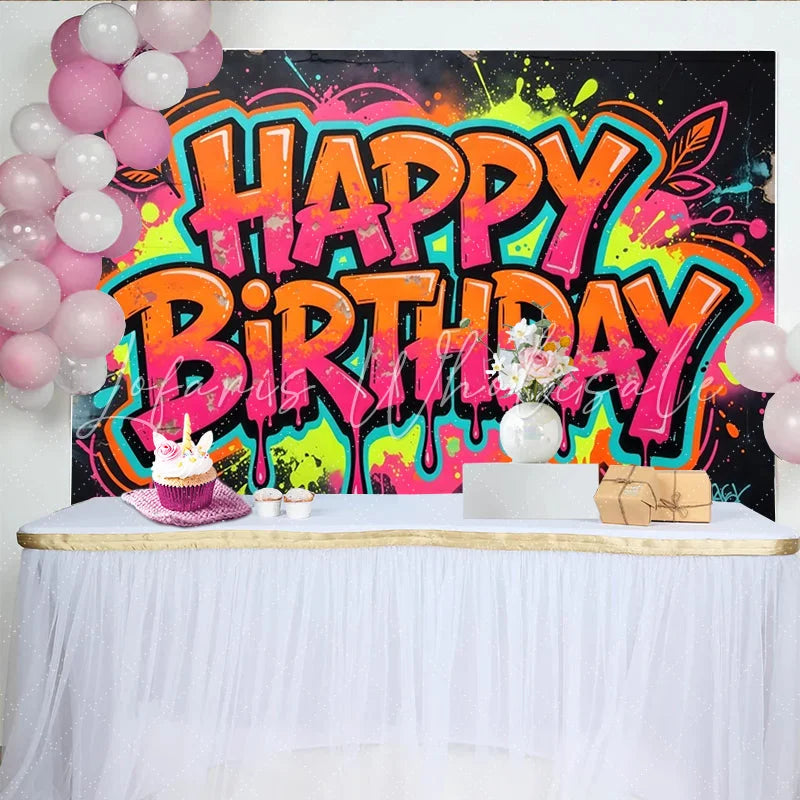 Lofaris Vibrant Neon Pink and Orange Graffiti Happy Birthday Backdrop Cool Urban Street Art Party Decor for Celebration Photoshoot