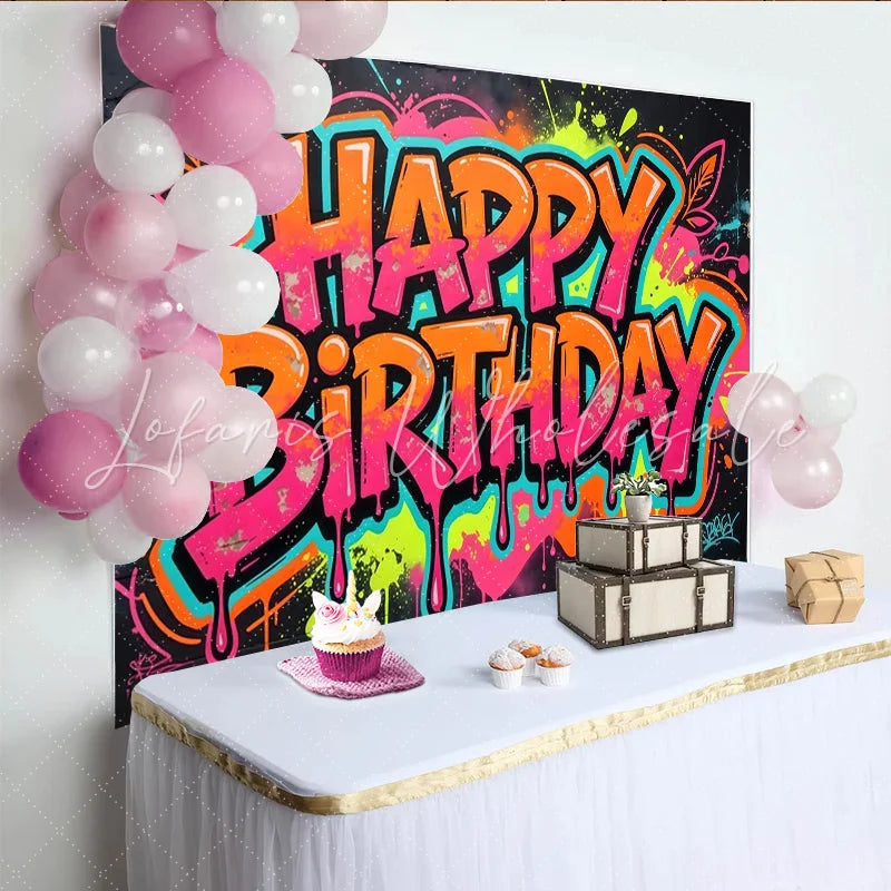 Lofaris Vibrant Neon Pink and Orange Graffiti Happy Birthday Backdrop Cool Urban Street Art Party Decor for Celebration Photoshoot