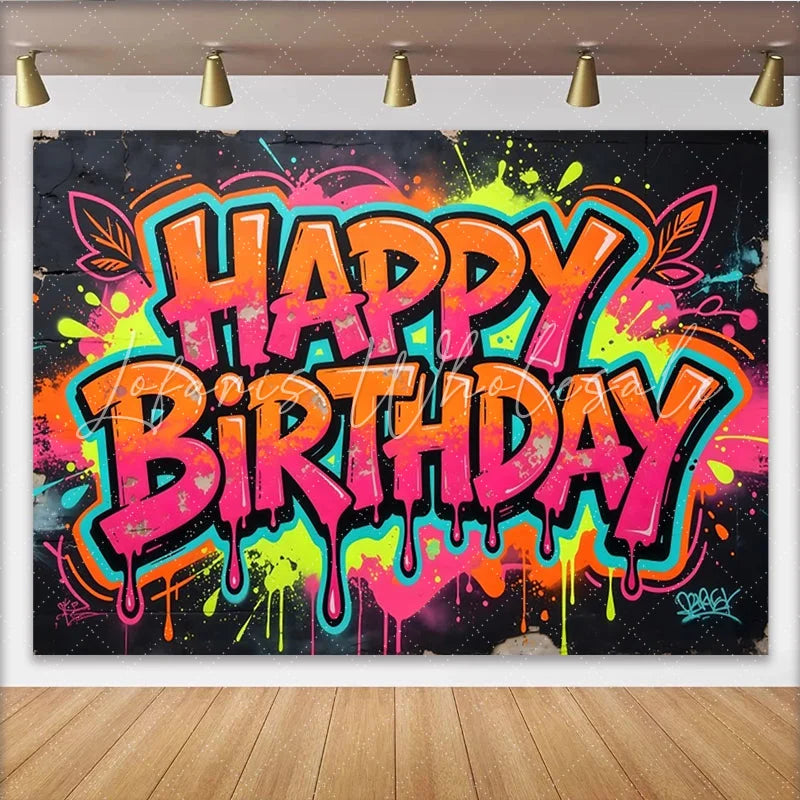 Lofaris Vibrant Neon Pink and Orange Graffiti Happy Birthday Backdrop Cool Urban Street Art Party Decor for Celebration Photoshoot