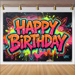 Lofaris Vibrant Neon Pink and Orange Graffiti Happy Birthday Backdrop Cool Urban Street Art Party Decor for Celebration Photoshoot
