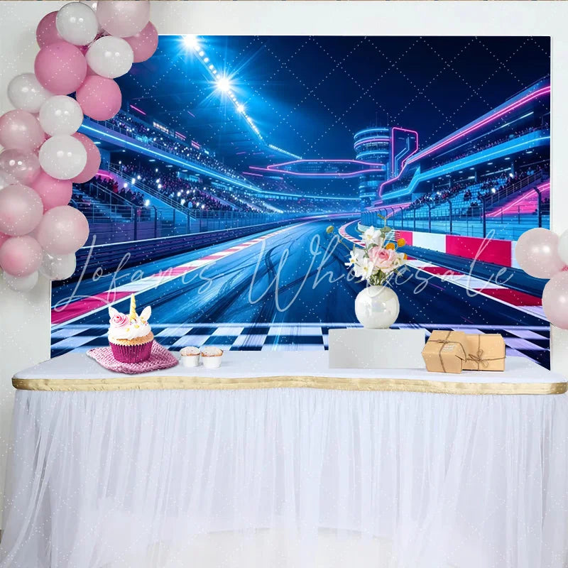 Lofaris Vibrant Neon Race Track Photography Backdrop Bright Blue and Pink Lights Stadium Background for Event Photoshoot