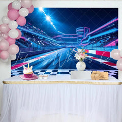 Lofaris Vibrant Neon Race Track Photography Backdrop Bright Blue and Pink Lights Stadium Background for Event Photoshoot