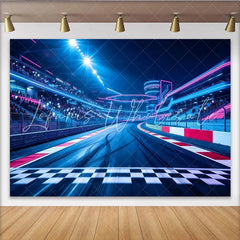 Lofaris Vibrant Neon Race Track Photography Backdrop Bright Blue and Pink Lights Stadium Background for Event Photoshoot