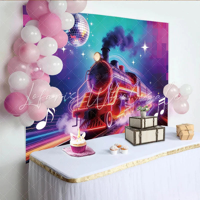 Lofaris Vibrant Neon Train Photography Backdrop with Disco Ball and Music Notes Dynamic Party Background for Creative Photoshoots and Events