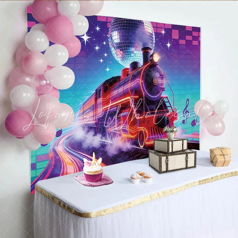 Lofaris Vibrant Neon Train Retro Music Photography Backdrop Disco Ball Party Background for Studio Photoshoot