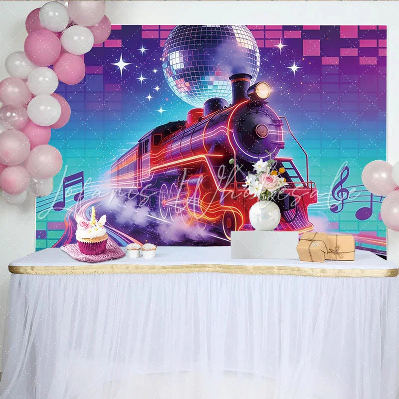 Lofaris Vibrant Neon Train Retro Music Photography Backdrop Disco Ball Party Background for Studio Photoshoot