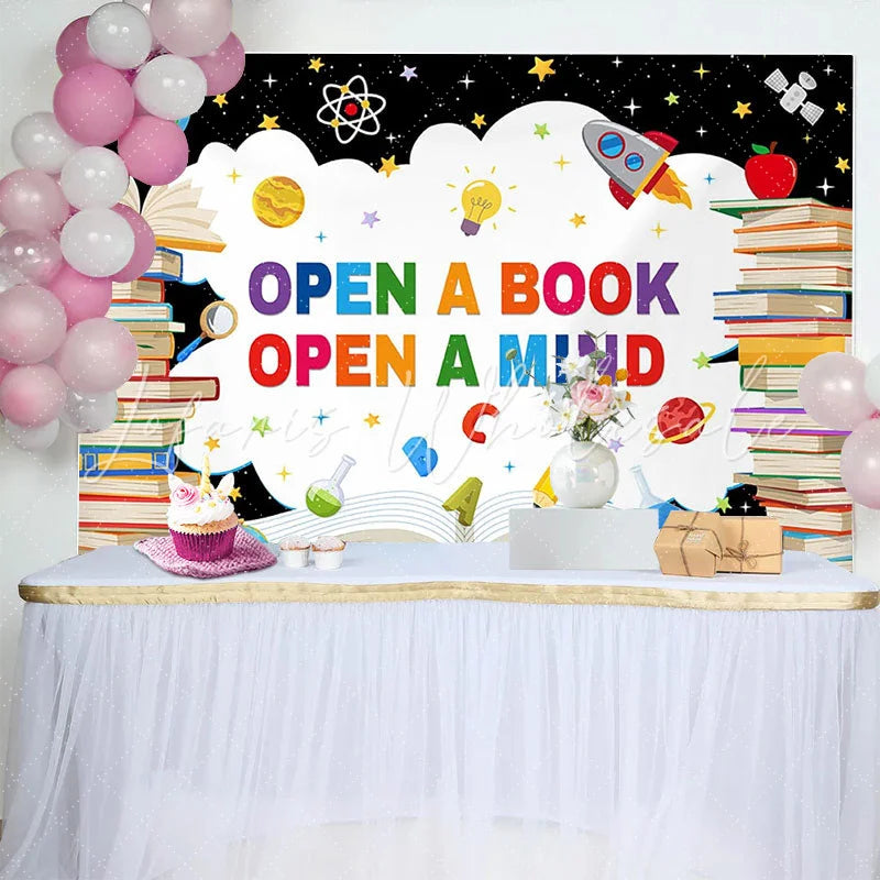 Lofaris Vibrant Open a Book Open a Mind Back to School Backdrop with Colorful Books and Space Elements Educational Party Decor for Kids