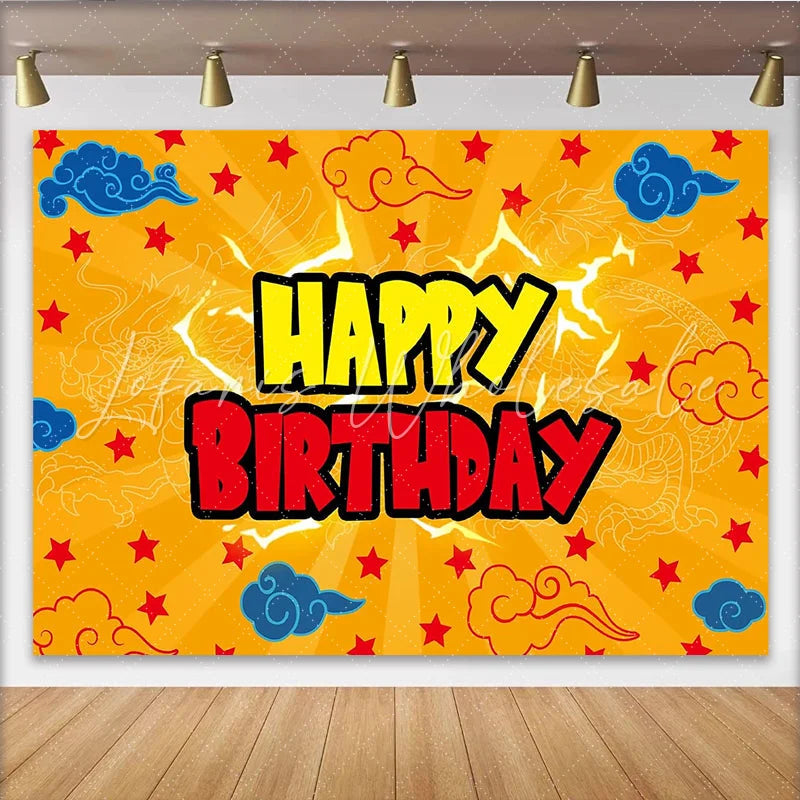 Lofaris Vibrant Orange Dragon Birthday Backdrop with Red Stars and Blue Clouds Happy Birthday Party Background for Kids Photoshoots