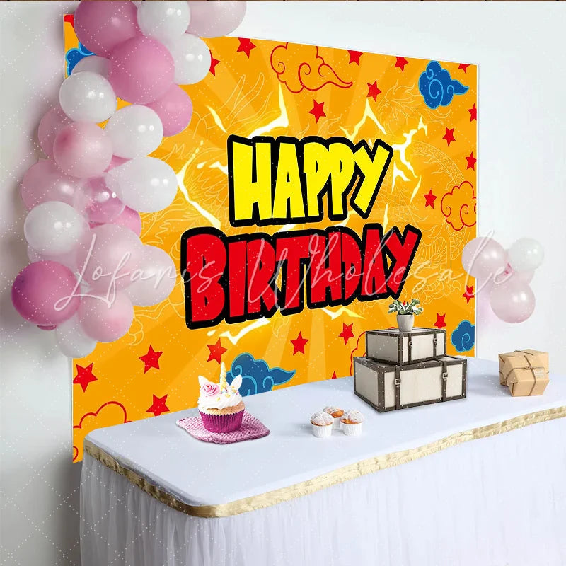 Lofaris Vibrant Orange Dragon Birthday Backdrop with Red Stars and Blue Clouds Happy Birthday Party Background for Kids Photoshoots
