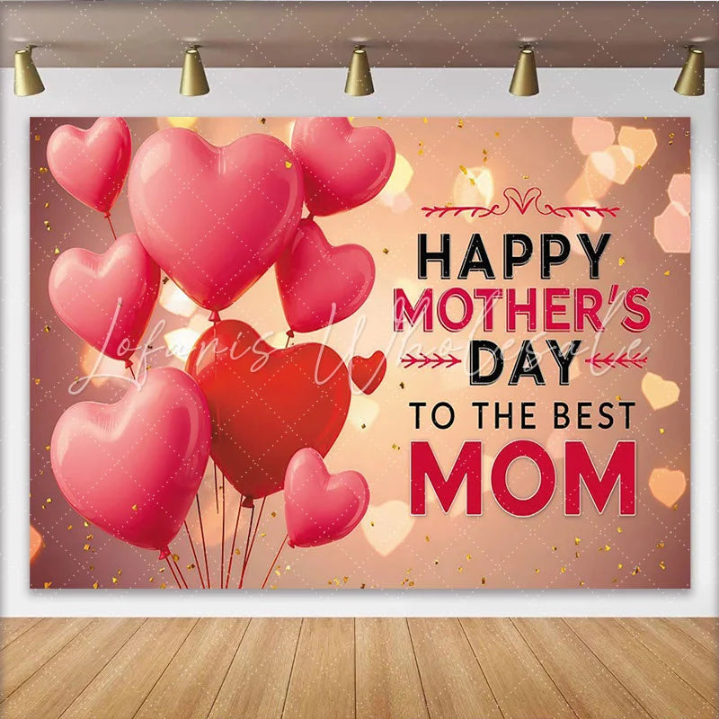Lofaris Vibrant Pink and Red Heart Balloons Mothers Day Photography Backdrop Elegant Bokeh Mom Celebration