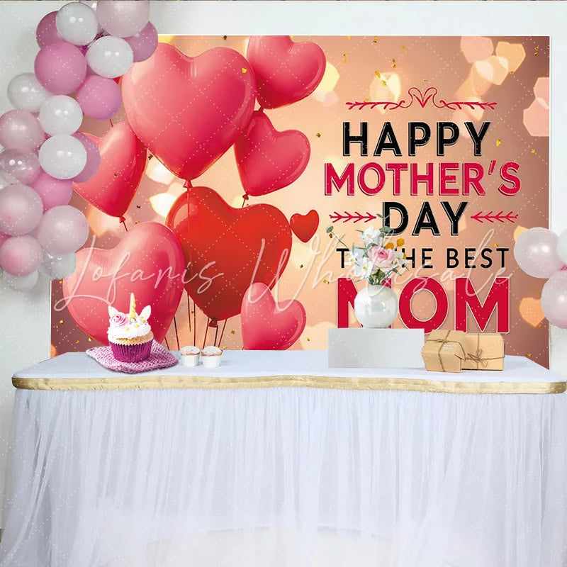 Lofaris Vibrant Pink and Red Heart Balloons Mothers Day Photography Backdrop Elegant Bokeh Mom Celebration