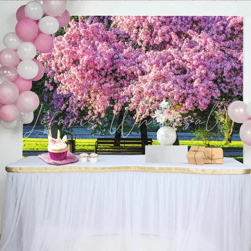 Lofaris Vibrant Pink Blossom Photography Backdrop with Lush Green Park Scenery Beautiful Spring Background for Outdoor Photoshoot