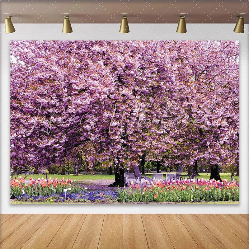 Lofaris Vibrant Pink Cherry Blossom Spring Floral Photography Backdrop Beautiful Garden Park Background for Photoshoot and Event Decor