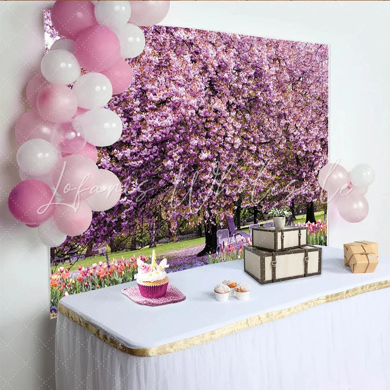Lofaris Vibrant Pink Cherry Blossom Spring Floral Photography Backdrop Beautiful Garden Park Background for Photoshoot and Event Decor
