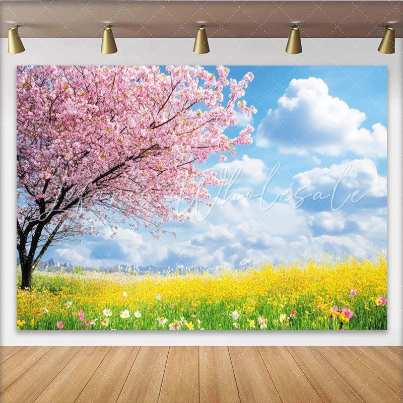 Lofaris Vibrant Pink Cherry Blossom Spring Floral Photography Backdrop with Yellow Flowers Nature Scenery Background for Studio Photoshoot