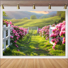 Lofaris Vibrant Pink Floral Path Photography Backdrop with White Fence Lush Green Scenery Background for Spring Photoshoot