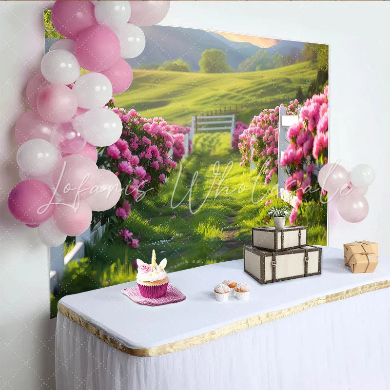 Lofaris Vibrant Pink Floral Path Photography Backdrop with White Fence Lush Green Scenery Background for Spring Photoshoot
