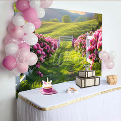 Lofaris Vibrant Pink Floral Path Photography Backdrop with White Fence Lush Green Scenery Background for Spring Photoshoot