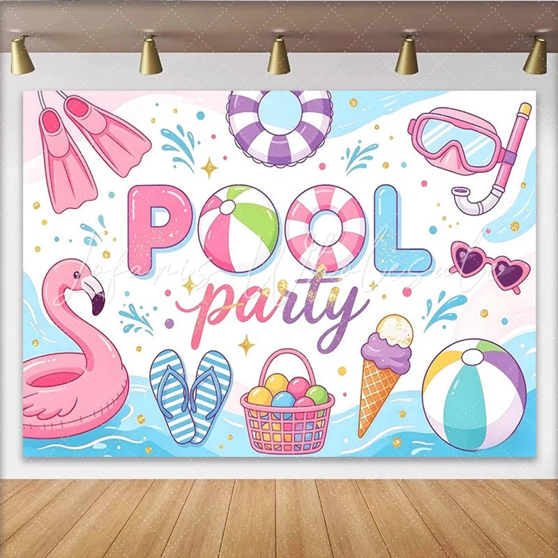 Lofaris Vibrant Pink Pool Party Birthday Backdrop with Flamingo Beach Ball and Snorkel Summer Celebration Background for Photoshoot