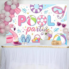 Lofaris Vibrant Pink Pool Party Birthday Backdrop with Flamingo Beach Ball and Snorkel Summer Celebration Background for Photoshoot