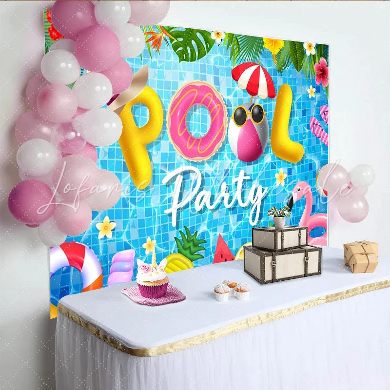 Lofaris Vibrant Pool Party Backdrop with Inflatable Letters and Tropical Leaves Summer Photography Background for Fun Events.