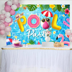 Lofaris Vibrant Pool Party Backdrop with Inflatable Letters and Tropical Leaves Summer Photography Background for Fun Events.