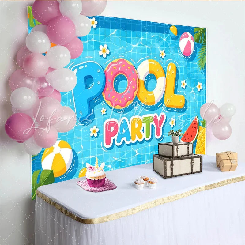 Lofaris Vibrant Pool Party Backdrop with Inflatable Letters Fun Summer Photography Background for Kids and Adults
