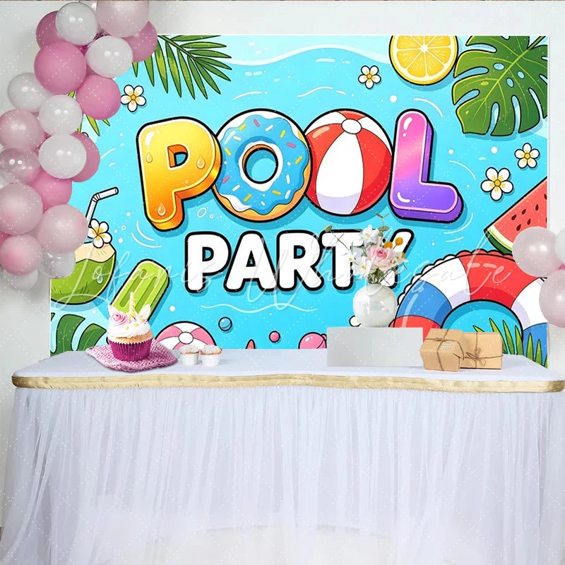 Lofaris Vibrant Pool Party Backdrop with Summer Elements and Fun Text Lively Photography Background for Celebration Decor