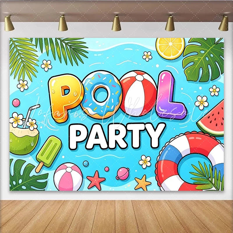 Lofaris Vibrant Pool Party Backdrop with Summer Elements and Fun Text Lively Photography Background for Celebration Decor