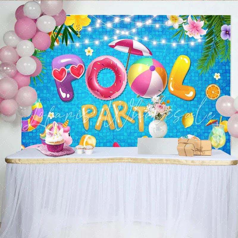 Lofaris Vibrant Pool Party Birthday Backdrop with Inflatable Letters and Tropical Flowers Summer Celebration Background for Photoshoot Decor