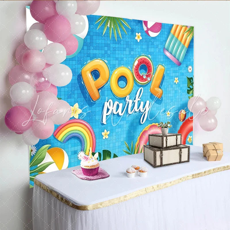 Lofaris Vibrant Pool Party Photography Backdrop with Blue Water and Tropical Leaves Colorful Floats and Beach Balls for Summer Decor