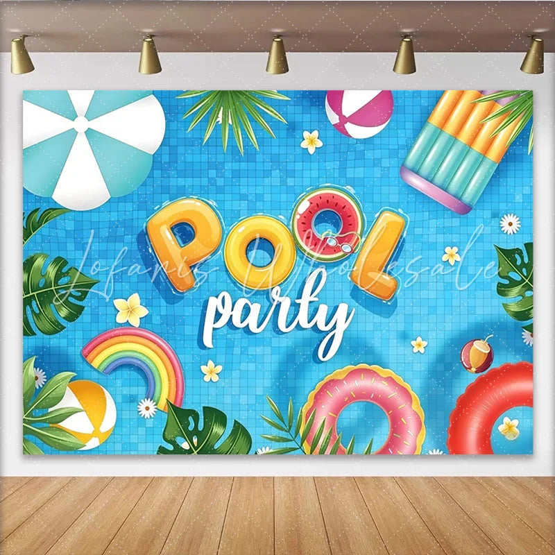 Lofaris Vibrant Pool Party Photography Backdrop with Blue Water and Tropical Leaves Colorful Floats and Beach Balls for Summer Decor