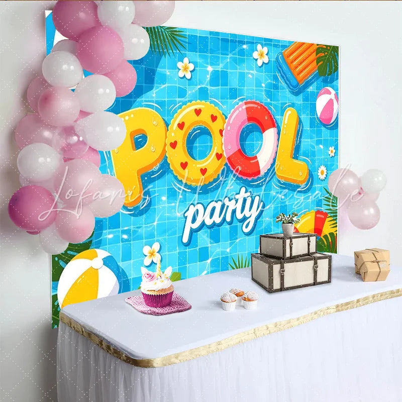 Lofaris Vibrant Pool Party Photography Backdrop with Floating Letters and Beach Balls Summer Celebration Background for Photoshoot