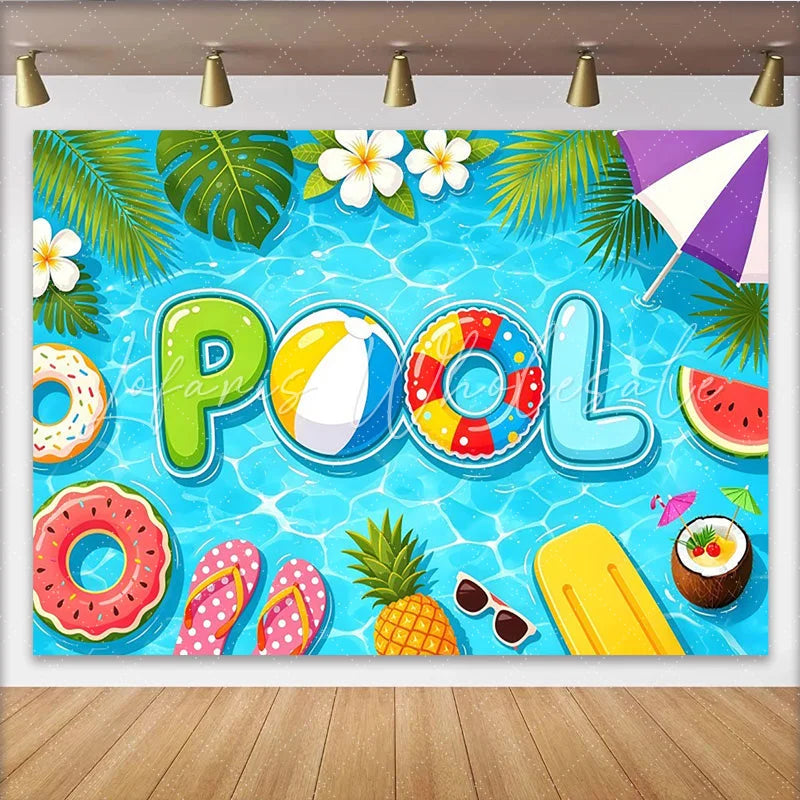 Lofaris Vibrant Pool Party Summer Backdrop with Tropical Leaves and Fun Floats Bright Photo Background for Party Decor and Vacation Pictures