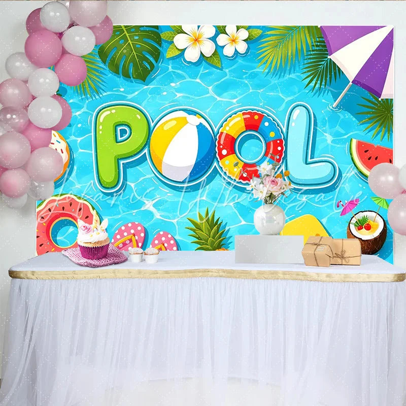 Lofaris Vibrant Pool Party Summer Backdrop with Tropical Leaves and Fun Floats Bright Photo Background for Party Decor and Vacation Pictures