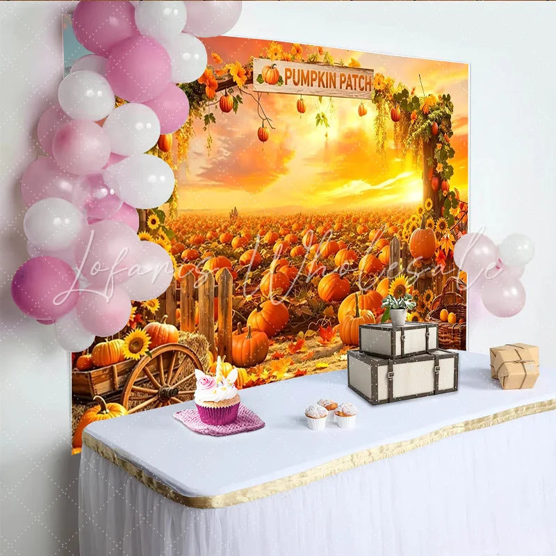 Lofaris Vibrant Pumpkin Patch Holiday Backdrop with Sunset Sky and Autumn Leaves Rustic Farm Harvest Background for Fall Festival