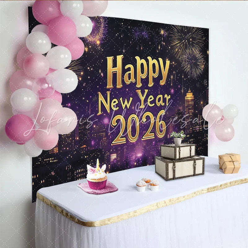 Lofaris Vibrant Purple and Gold Happy New Year Party Backdrop featuring a Dazzling City Skyline and Festive Fireworks