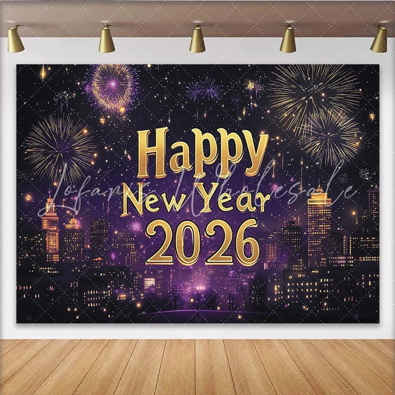 Lofaris Vibrant Purple and Gold Happy New Year Party Backdrop featuring a Dazzling City Skyline and Festive Fireworks