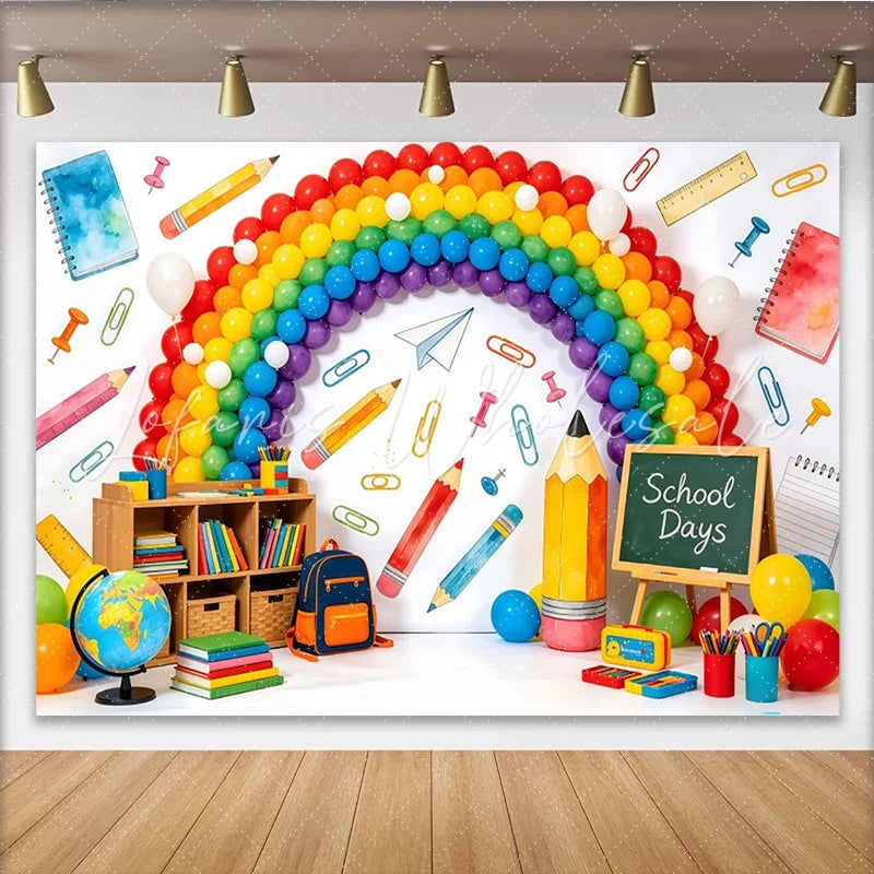 Lofaris Vibrant Rainbow Back To School Backdrop with School Days Theme Educational Classroom Background for Kids Party Decor and Photoshoot