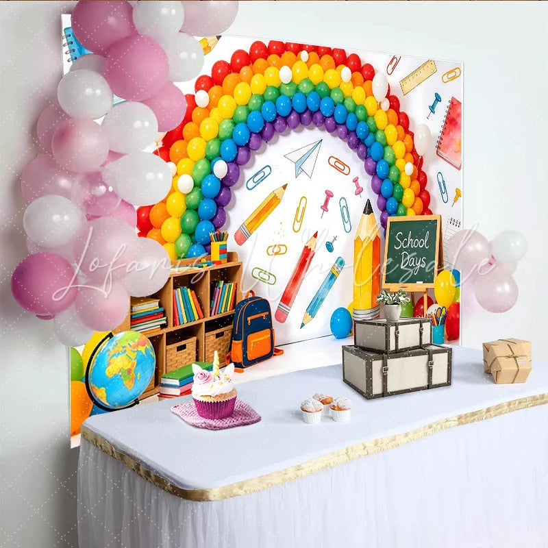 Lofaris Vibrant Rainbow Back To School Backdrop with School Days Theme Educational Classroom Background for Kids Party Decor and Photoshoot