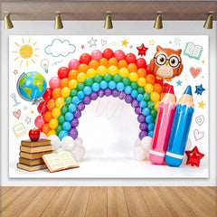 Lofaris Vibrant Rainbow Balloon Arch Back to School Backdrop with Globe and Pencils Cute Owl Photography Background for Studio.