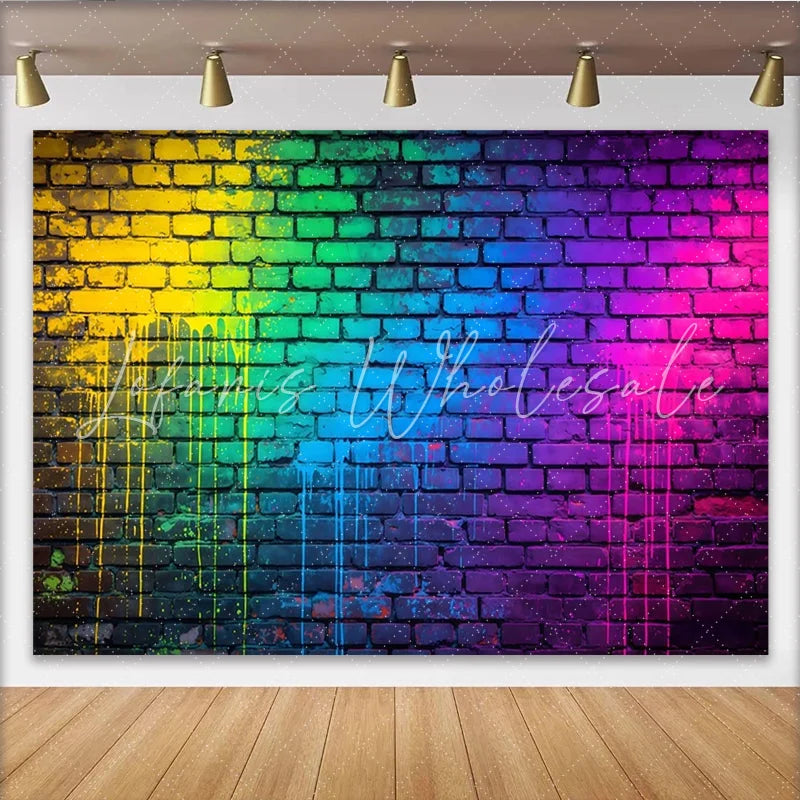 Lofaris Vibrant Rainbow Graffiti Wall Backdrop with Paint Drips Urban Street Art Background for Photoshoot and Party Decor