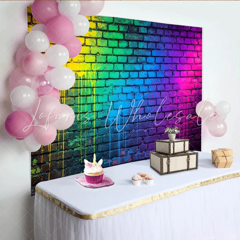 Lofaris Vibrant Rainbow Graffiti Wall Backdrop with Paint Drips Urban Street Art Background for Photoshoot and Party Decor