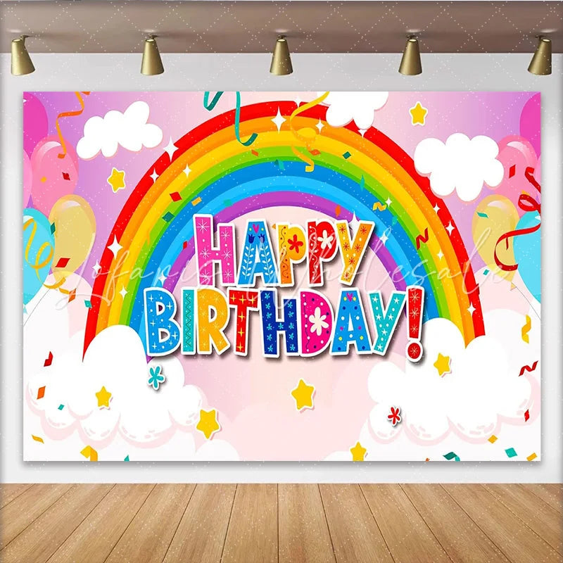 Lofaris Vibrant Rainbow Happy Birthday Backdrop with Balloons and Stars Cheerful Party Decor for Kids Photoshoot and Celebration