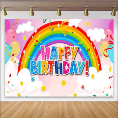 Lofaris Vibrant Rainbow Happy Birthday Backdrop with Balloons and Stars Cheerful Party Decor for Kids Photoshoot and Celebration