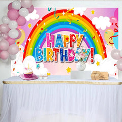 Lofaris Vibrant Rainbow Happy Birthday Backdrop with Balloons and Stars Cheerful Party Decor for Kids Photoshoot and Celebration