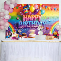 Lofaris Vibrant Rainbow Happy Birthday Backdrop with Colorful Balloons and Cakes Festive Party Decoration for Photoshoot